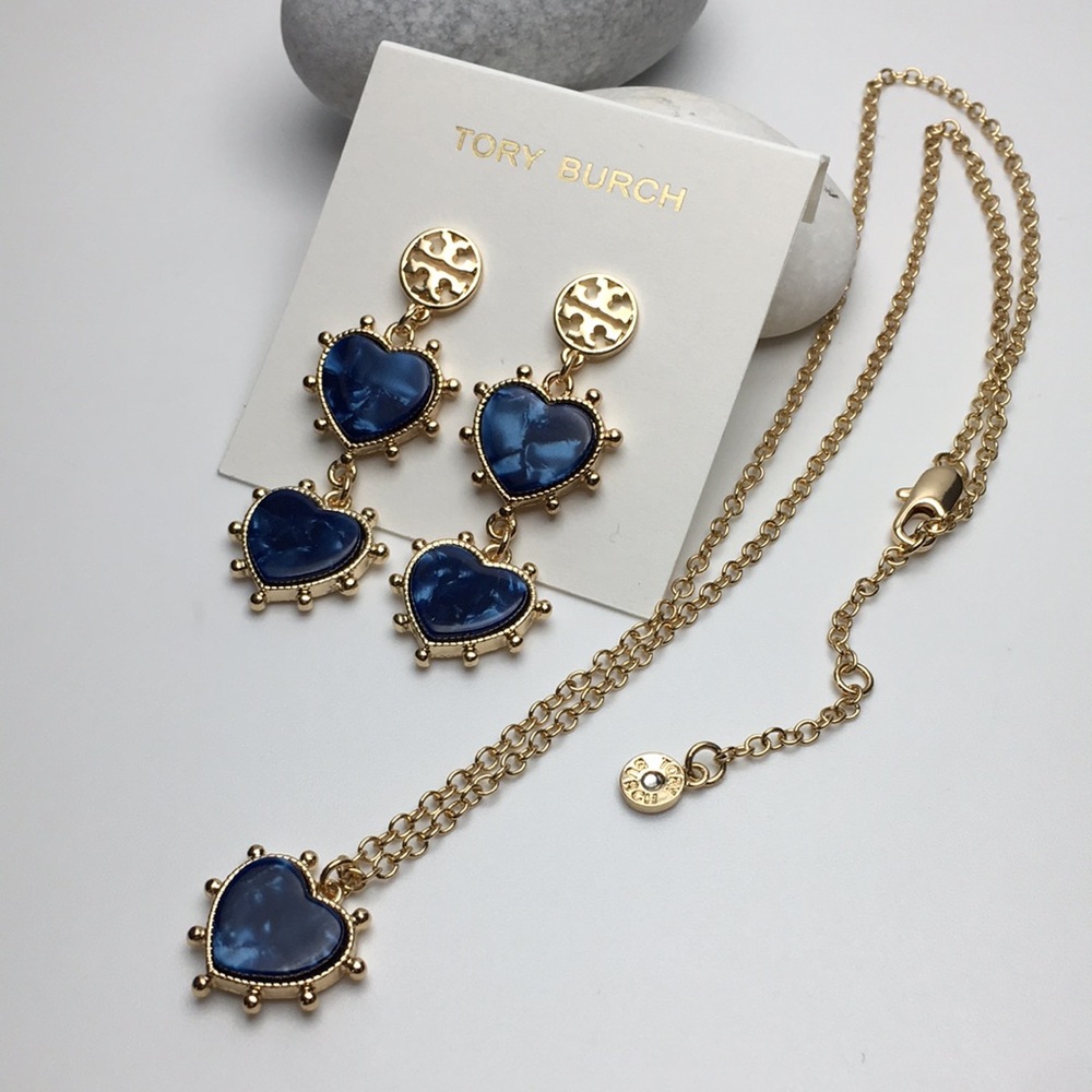 Tory Burch Rare Mottled Blue Heart Drop Dangle Earrings And Necklace Set